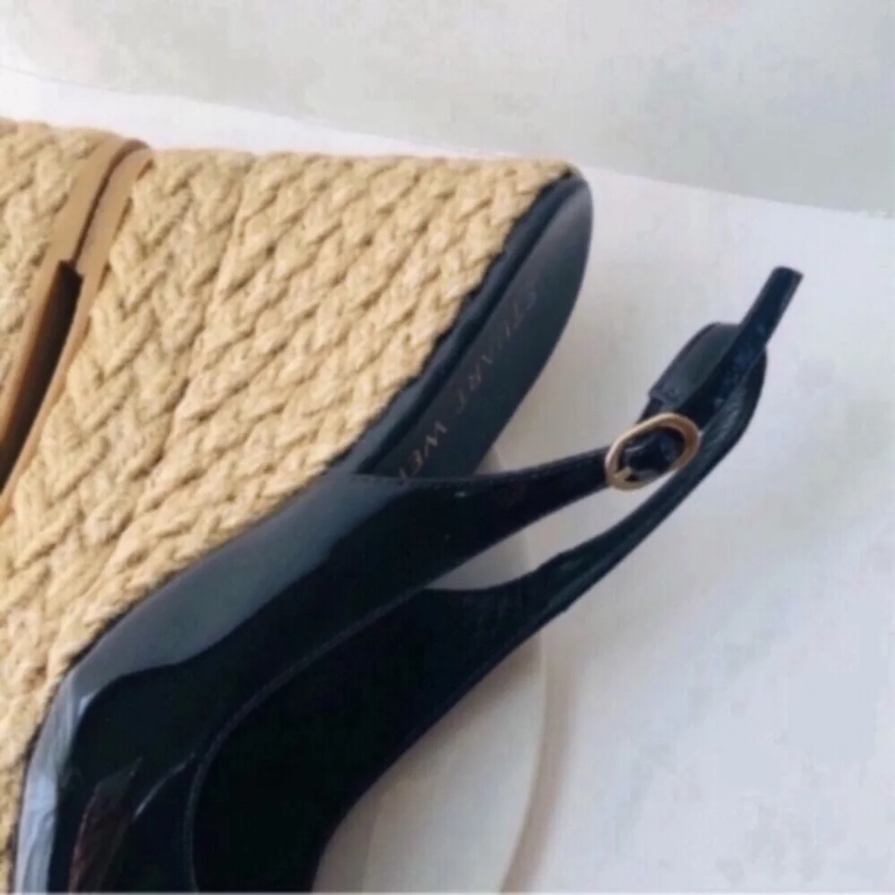 STUART WEITZMAN Island Espadrille Black Patent Leather Platform Slingback Wedges